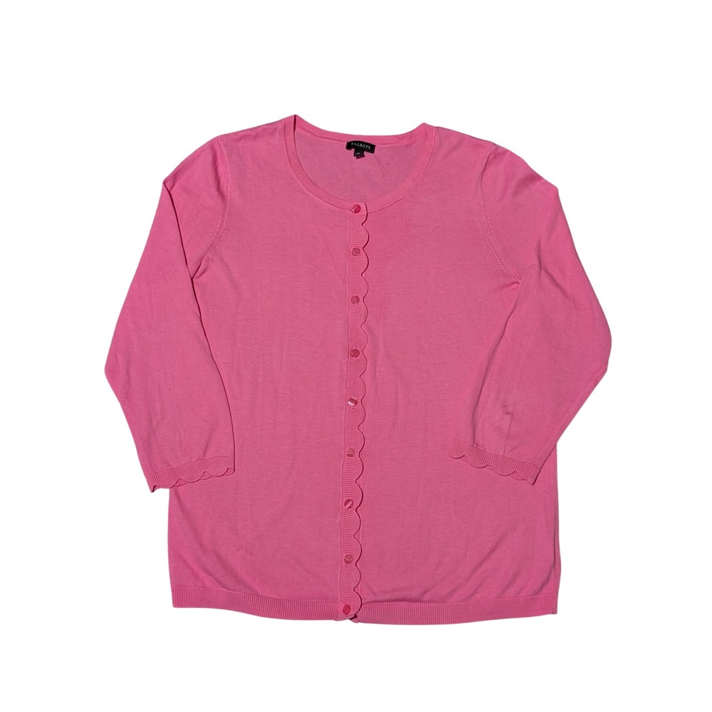 Talbots Cardigan Womens M Pink Scalloped Edge 3/4 Sleeve Cotton Blend Preppy